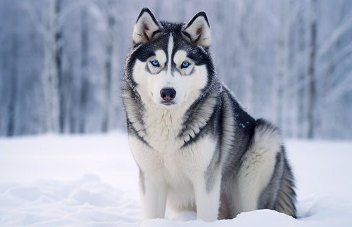 Dog in the snow in dark and light tones