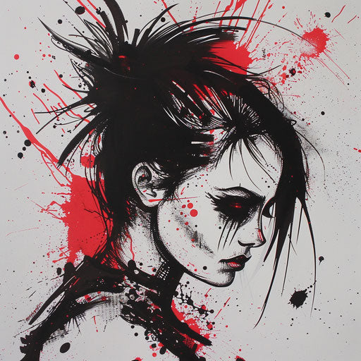 Flat hardcore punk tattoo sketch of neda with edgy black and splattered red ink