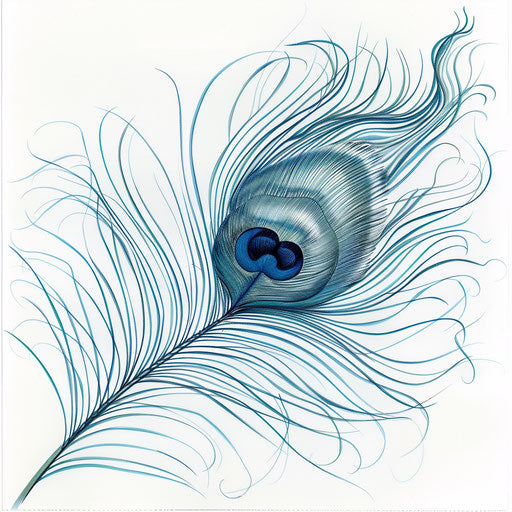 Elegant peacock feather in detailed linework on white