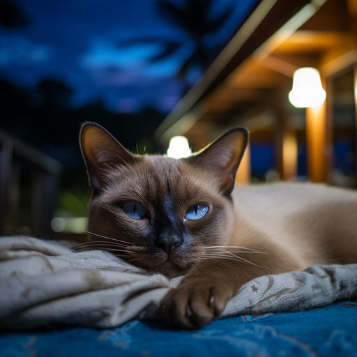 Burmese cat laying outside at night