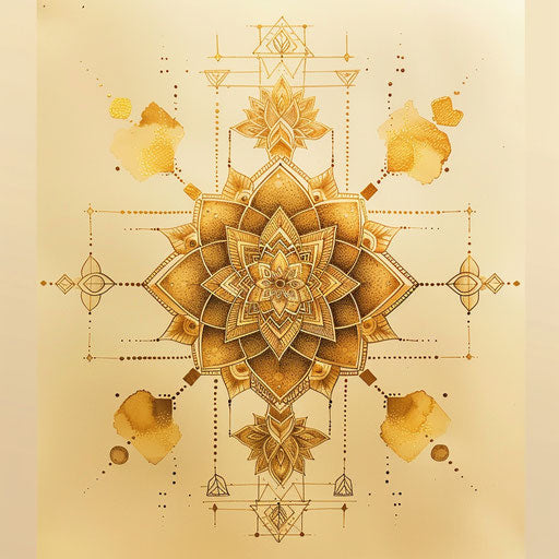 Golden mandala with geometric patterns in flat tattoo style