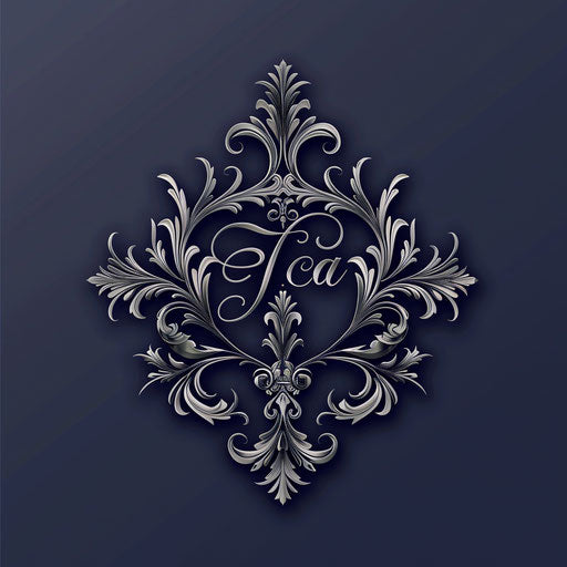 Top logo design with monogram and delicate filigree, silver accents on dark blue background