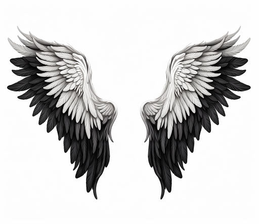 Black and white wings isolated on white background, embroidery style