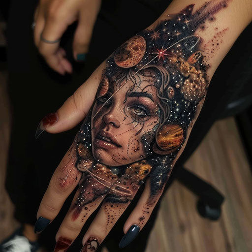 Surreal hand tattoo for women with cosmic elements