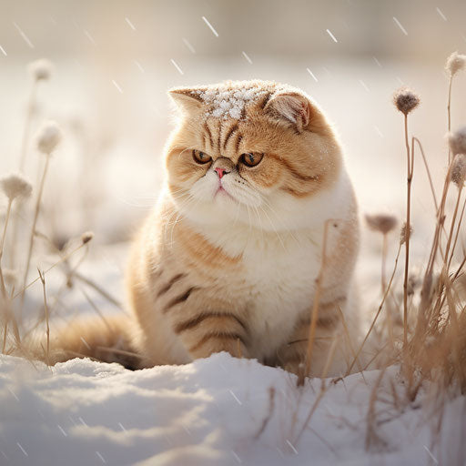 Exotic shorthair cat in a field during snowfall