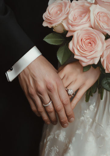 Hands of two grooms with diamond rings holding pink roses