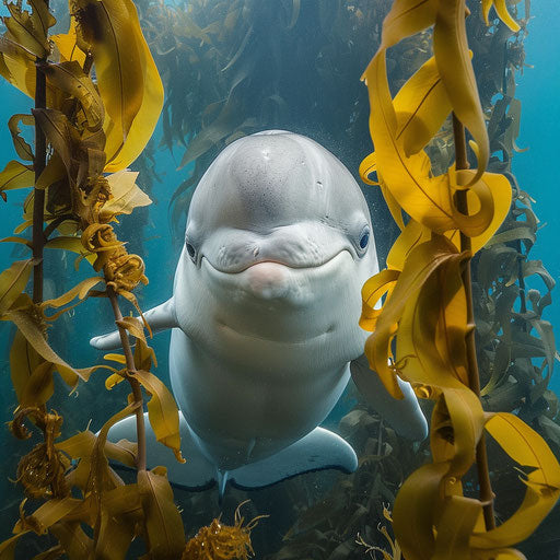 Smiling face of a beluga, backdrop of rich kelp forest