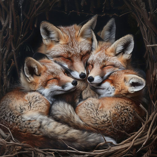 Heartwarming moment of a family of foxes cuddling in their den