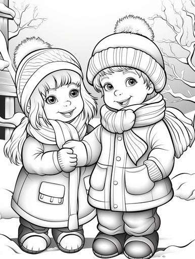 Winter coloring pages for kids children play and build snowmen