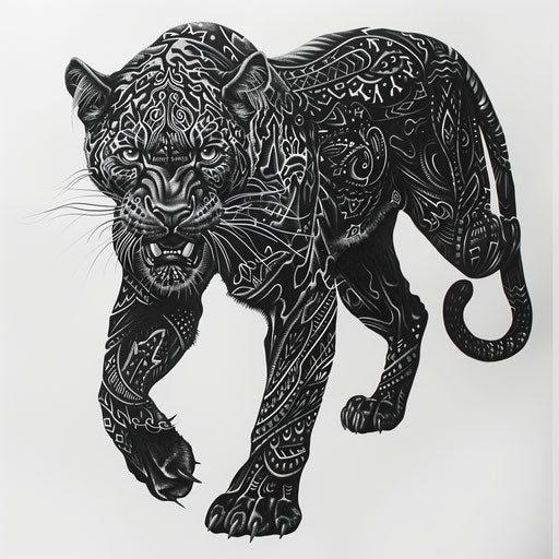 Majestic detailed black panther tattoo design on white