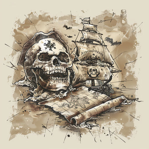 Symbolic tattoo sketch of the Jolly Roger with skull morphing into treasure map, earth tones, mystical adventure