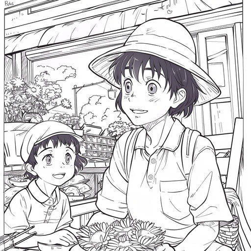 Anime-style Mother's Day with cute characters in the style of Mamoru Hosoda Coloring book page