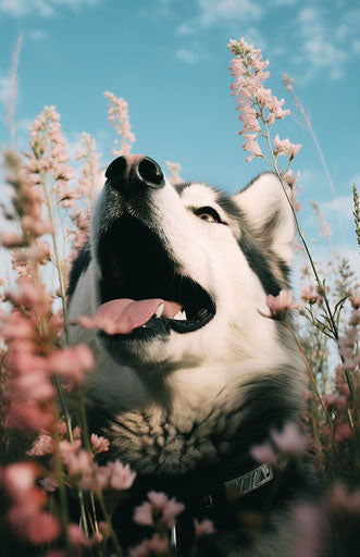 Dog in field, smelling flower, close up detail, happy husky owner