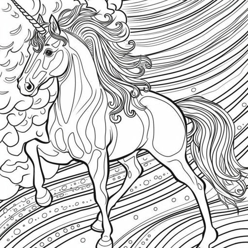 Whimsical horse with rainbow mane and tail