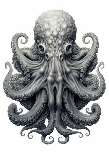 an engraving of a white octopus, ominous vibe, ultra detailed