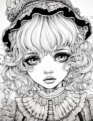 Coloring pages of anime cute girl, gothic dark and ornate style