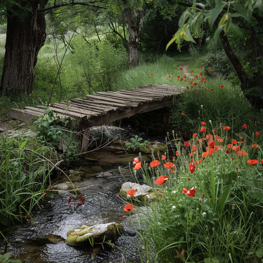 Rustic wooden bridge over a babbling brook with wood poppies lining the banks
