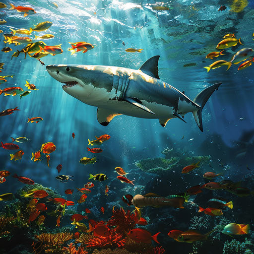 Great white shark in a serene underwater scene with colorful fish