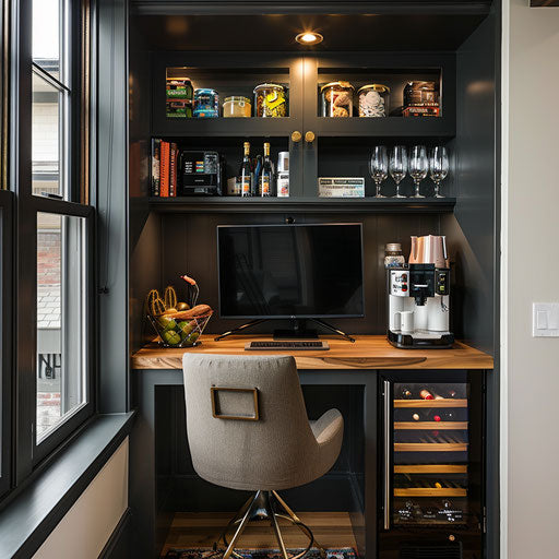 Home office with a coffee bar and a stocked mini-fridge