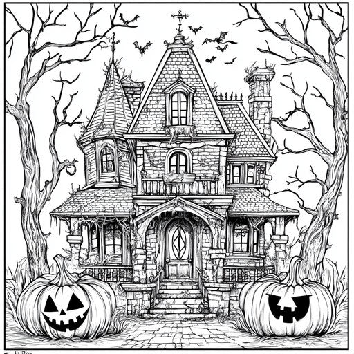 Haunted house with creepy patterns and intricate lines