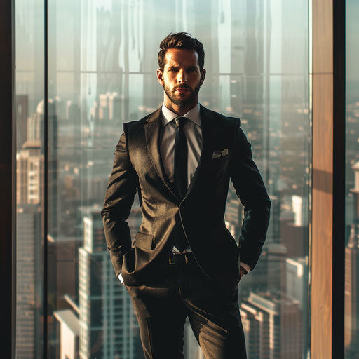 Confident businessman in office with cityscape view