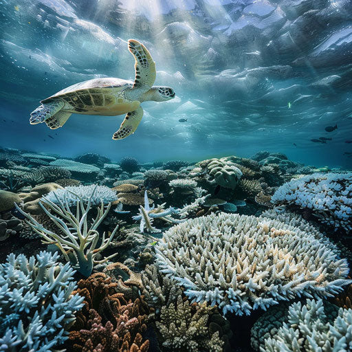 Green sea turtle swimming over coral bleaching scene