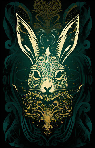 Black rabbit with gold tipped ears on green background, tribal abstraction