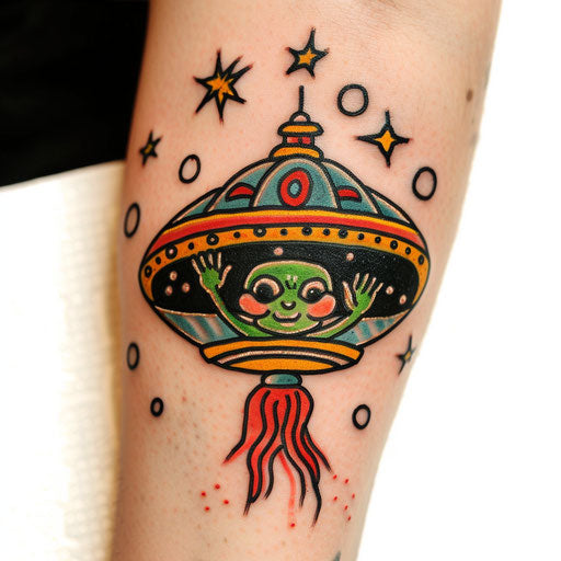 Cartoon UFO with friendly alien and colorful spaceship