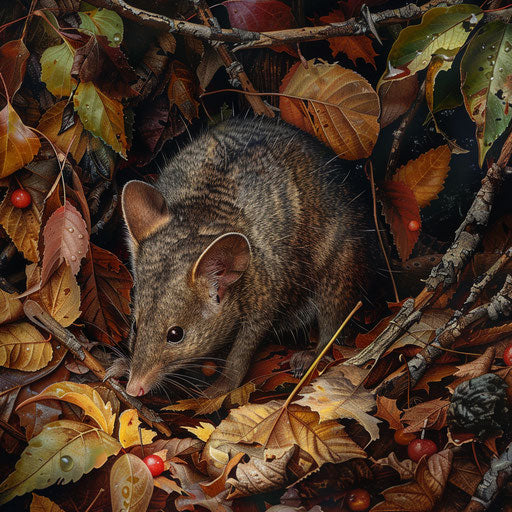 An antechinus foraging on the forest floor, surrounded by autumn leaves