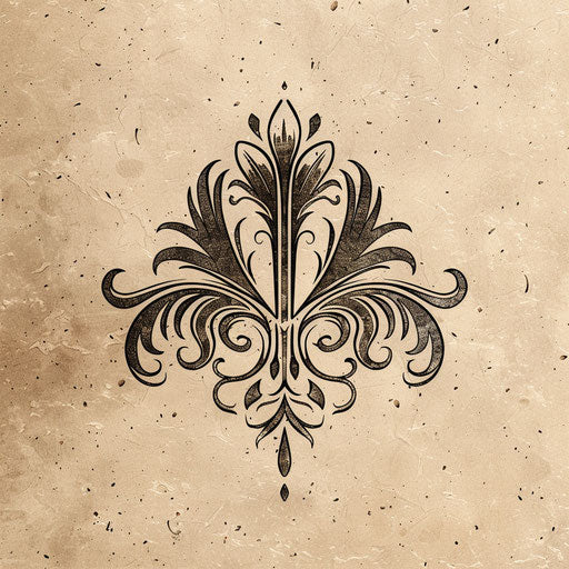 Vintage logo with intricate details and antique feel on textured beige background