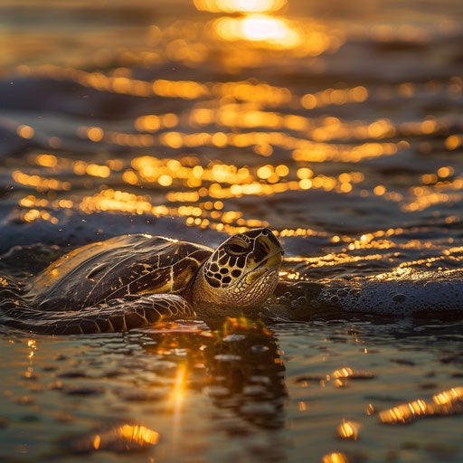 Olive ridley sea turtle emerging from ocean at sunset