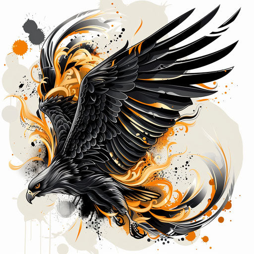 Dynamic flat tattoo sketch of a Russian mafia eagle in flight, vivid blacks and golds, clipart style