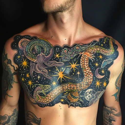 Men's chest tattoo with cosmic and celestial themes