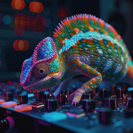 Chameleon at music studio, colors shift with genres played and recorded