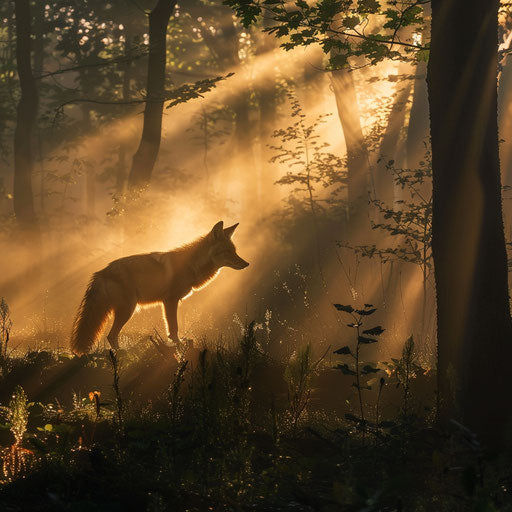Coyote crossing misty forest at dawn