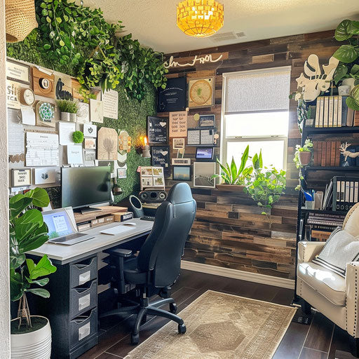 Home office with inspirational quotes and vision board