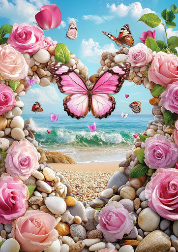 3D diamond painting, heart-shaped beach with pink roses and butterfly in the middle, surrounded by pebbles, beautiful background, vibrant colors, high resolution.