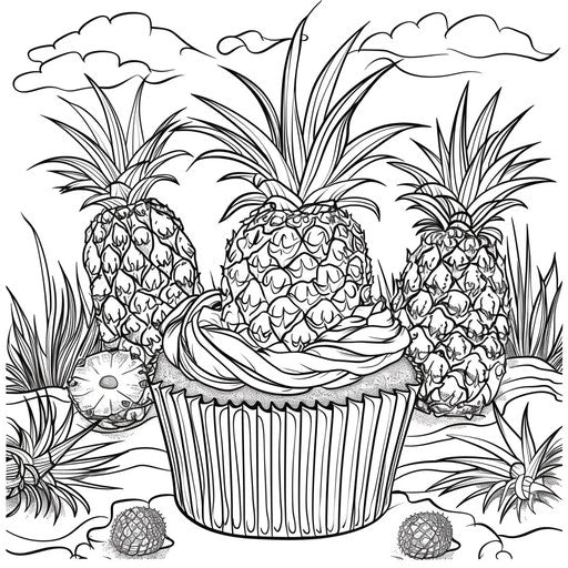 Tropical cupcake: pineapples and palm trees, coloring book
