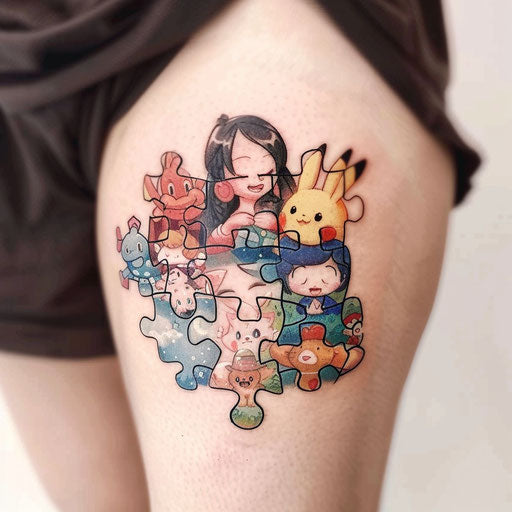 Whimsical puzzle piece tattoo with cartoon characters on white background