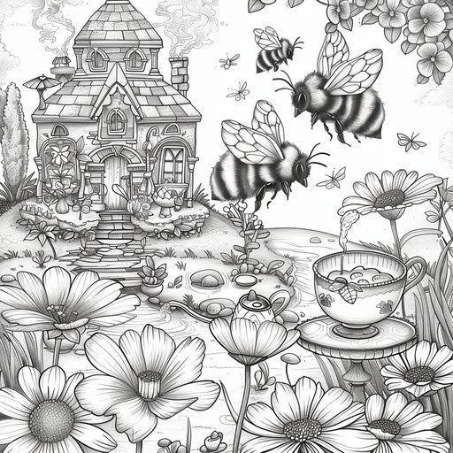 A whimsical scene of bees having a tea party in a garden