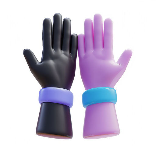 3D icon of two hands high five, one hand is black and the other purple with blue band on wrist, white background