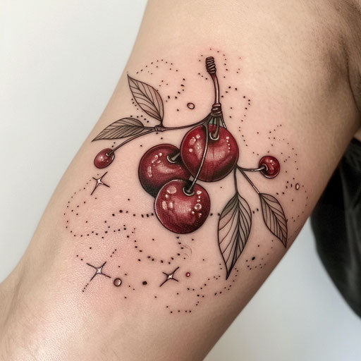 Fantastical cherries tattoo with fairy wings