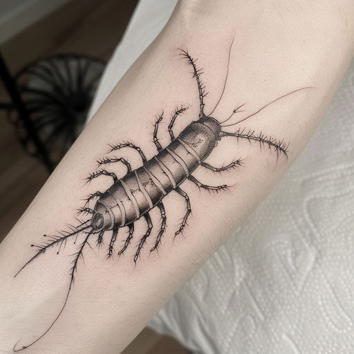 Elegant centipede tattoo with fine detail and subtle shading on white background