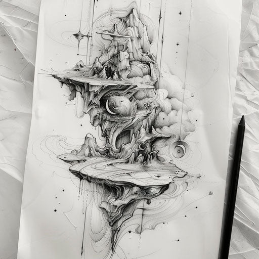 Dynamic flat tattoo sketch of a surreal dreamscape with floating islands