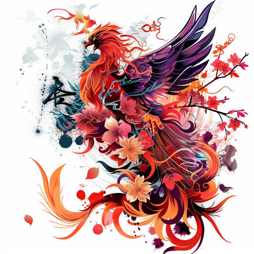 Japanese phoenix tattoo with fiery floral elements