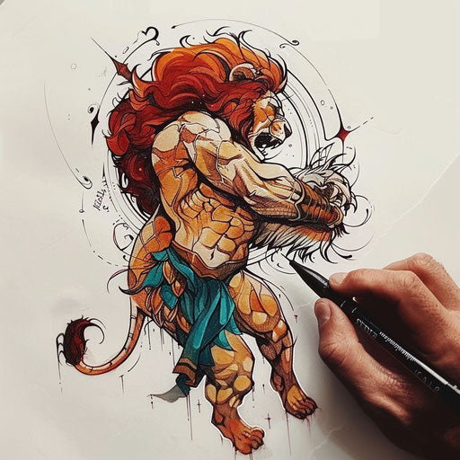 Vibrant color tattoo sketch of Hercules wrestling a lion in a minimalist clipart style