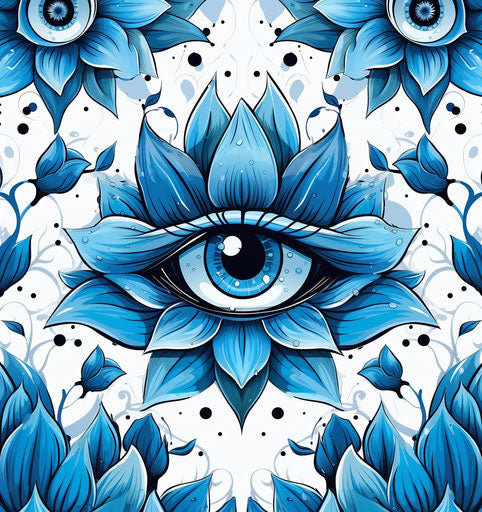 Lotus flower seamless pattern with eyes, gothic style, cyan blue, positive/negative space