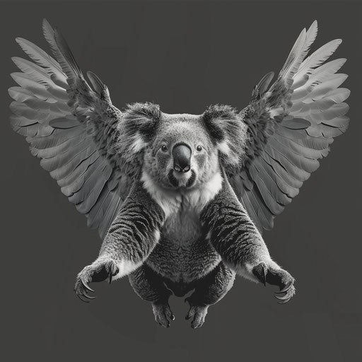 Koala clipart in photo realistic style with a flat random background, monochrome palette and detailed wings