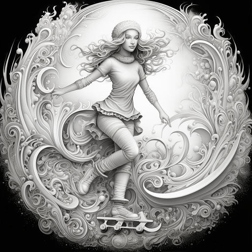 Woman skates in circle in coloring pages, Phil Koch style, scrapbook, textured