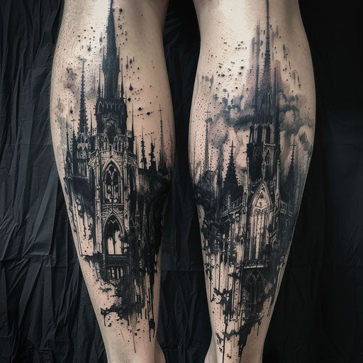 Leg tattoo in Gothic architecture style inspired by Gerald Brom